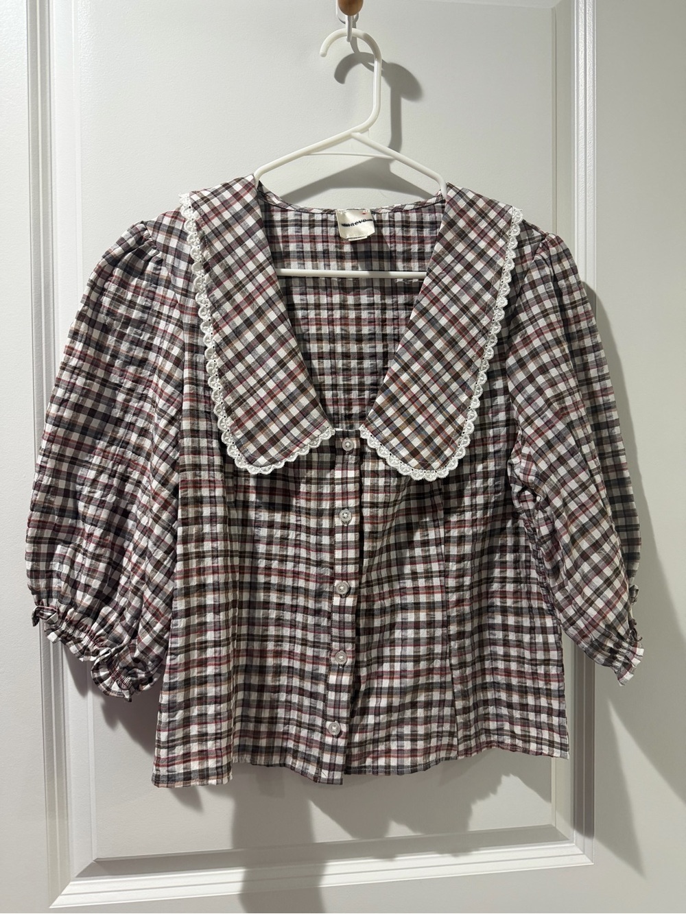 Maeve Brown & White Plaid Button-Down Top with Lace Collar